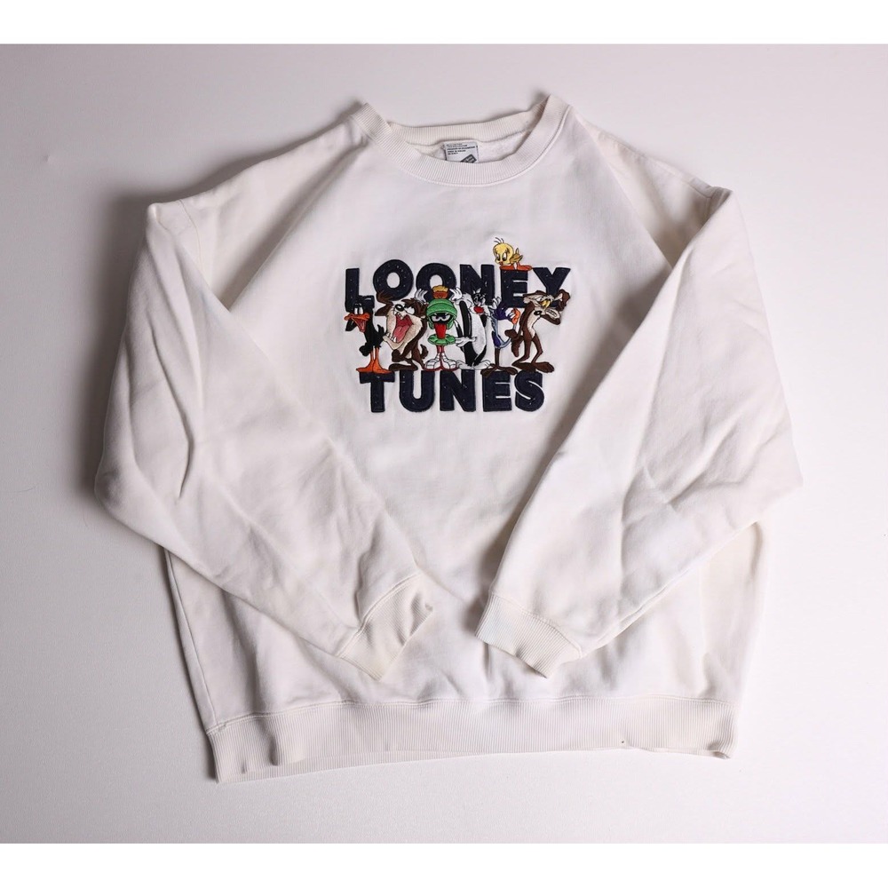 Vintage Warner Bros Looney Tunes Embroidered White Sweatshirt Mens Medium 90s - Picture 1 of 7